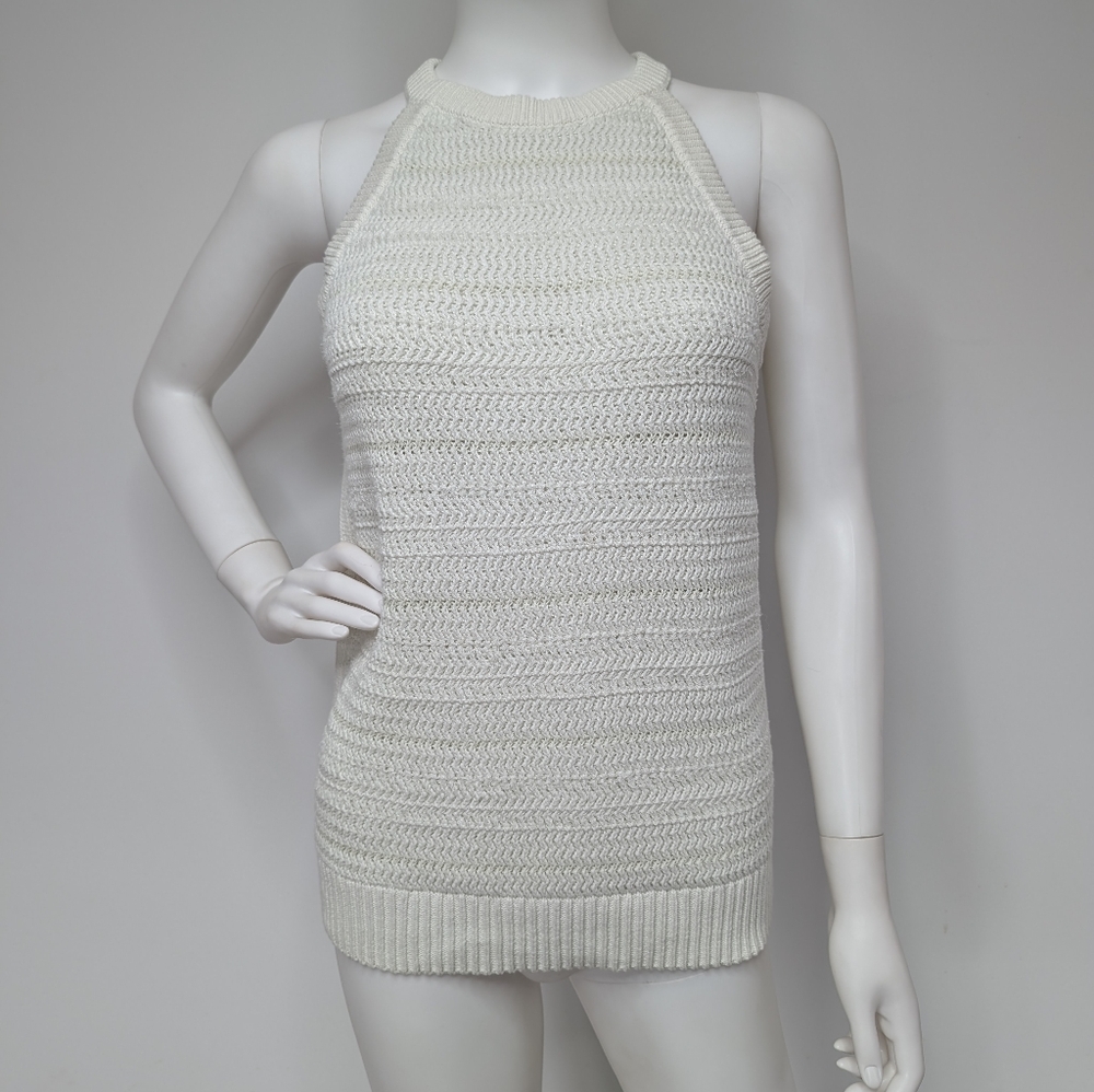 Off-White Pale Cream High Neck Halter Style Sleeveless Sweater